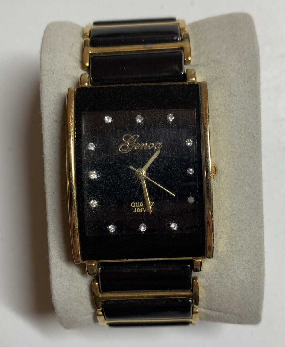GENOA Crystal Japanese Movement Watch Black Dial Gold and Black Bracelet